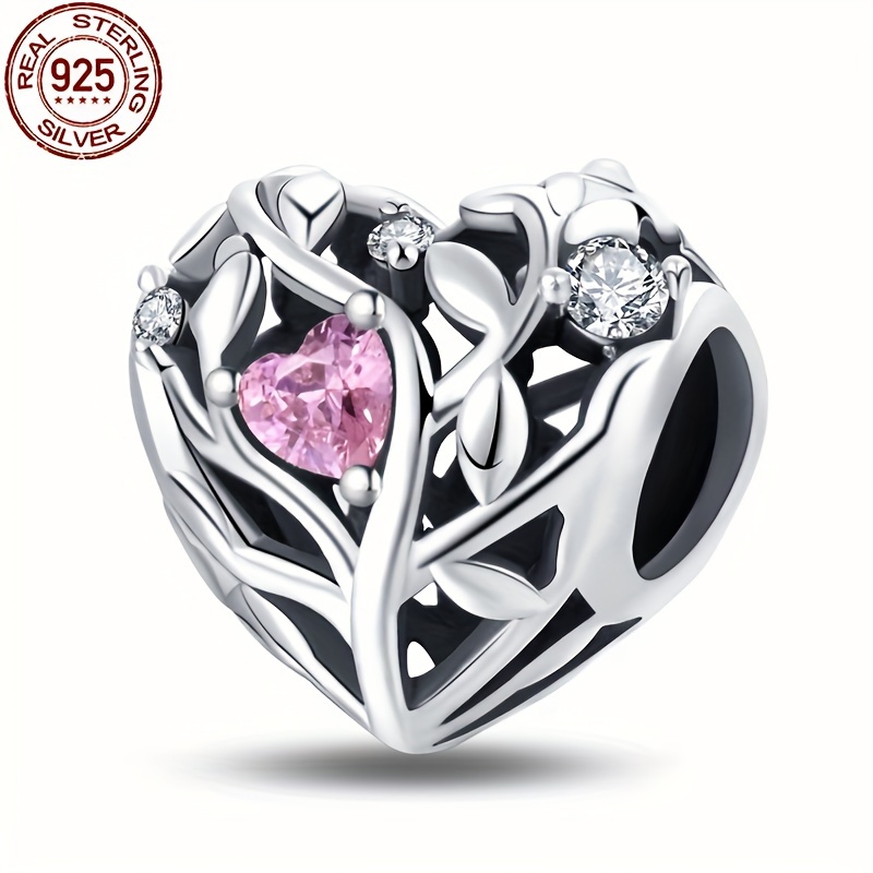 

1pc 925 Sterling Silver Heart & Tree Charm Bead, 3d Pink Rhinestone, Fits Bracelet & Necklace, Diy Jewelry Gift For Women, Elegant Birthday Present, 3g/0.11oz Weight