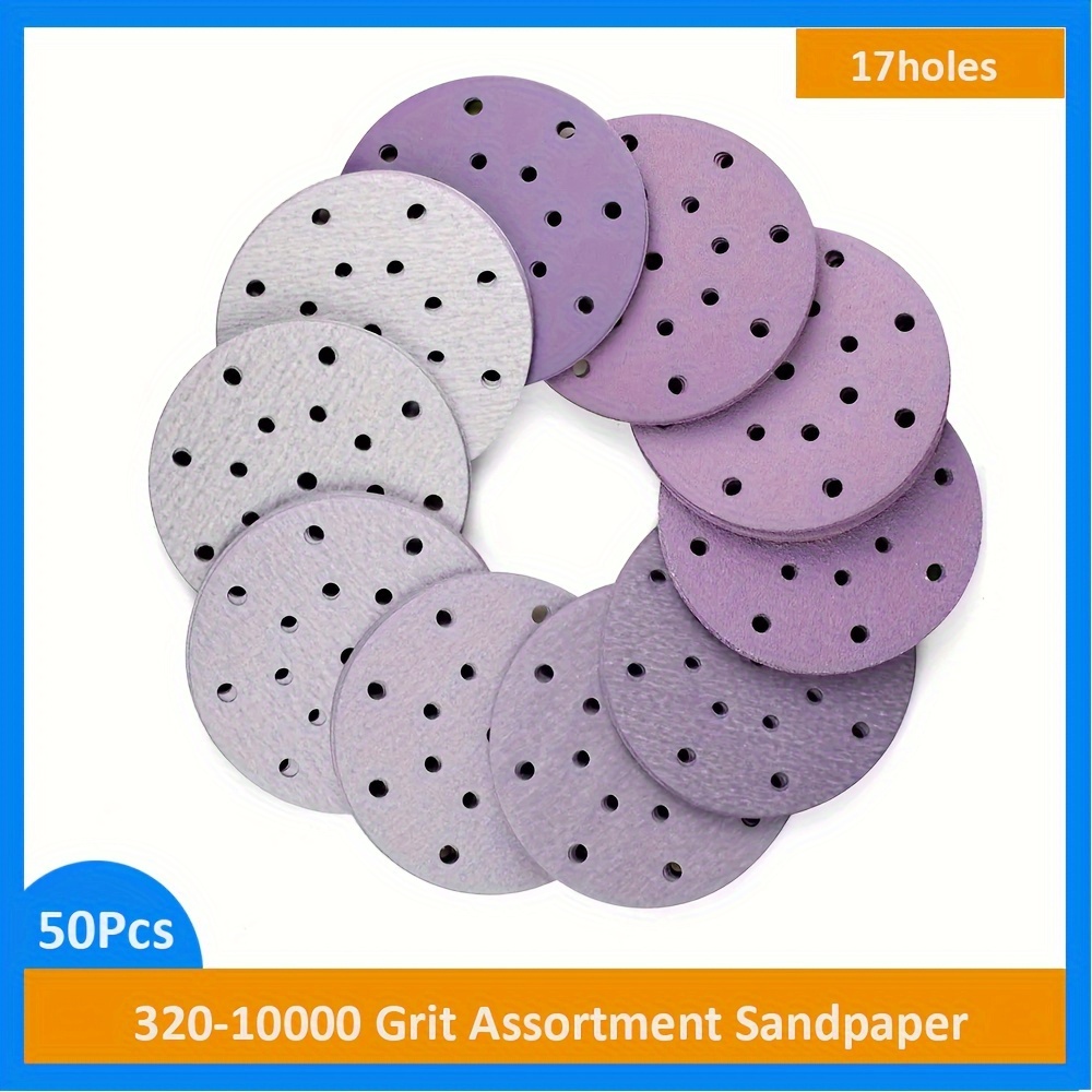 

Lot de 50 feuilles abrasives de 6 pouces/150 mm avec 17 trous pour applications humides/sèches - Convient pour une plage de grains de 320 à 10000 - Idéal pour les polisseuses et meuleuses de voiture