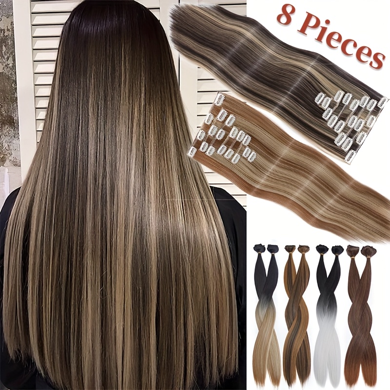 8pcs set clip in hair extensions straight 23inch 58cm long thick synthetic hair piece high temperature fiber double weft heat resistant fiber 8pcs   clip in hairpieces highlight   for women daily party festival gift details 0