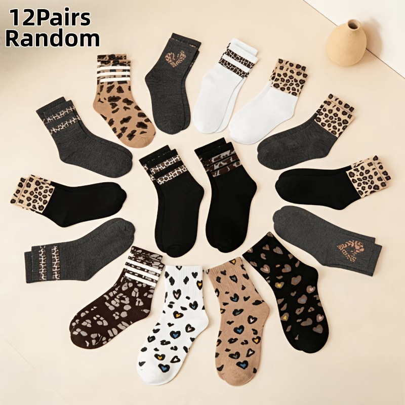 E-shop 12 Paar Zufällige Vintage Damenmode Street Style Mid-Calf Socken, Trendiger Leopardenmuster Herzmuster, Atmungsaktiv Lässig Geeignet für den