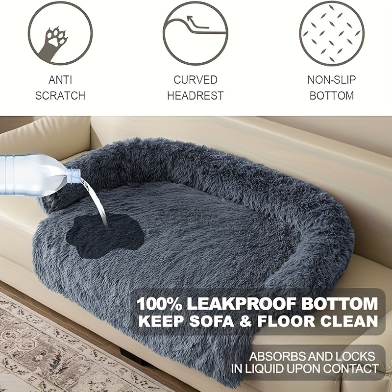 calming dog bed fluffy plush sofa cushion with washable cover   anti slip base for large medium small dogs and cats light gray and dark gray sizes   Product details 0