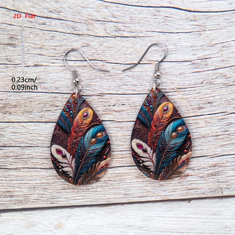 Women's Bohemian Feather Pattern Dangle Earrings, Retro Style