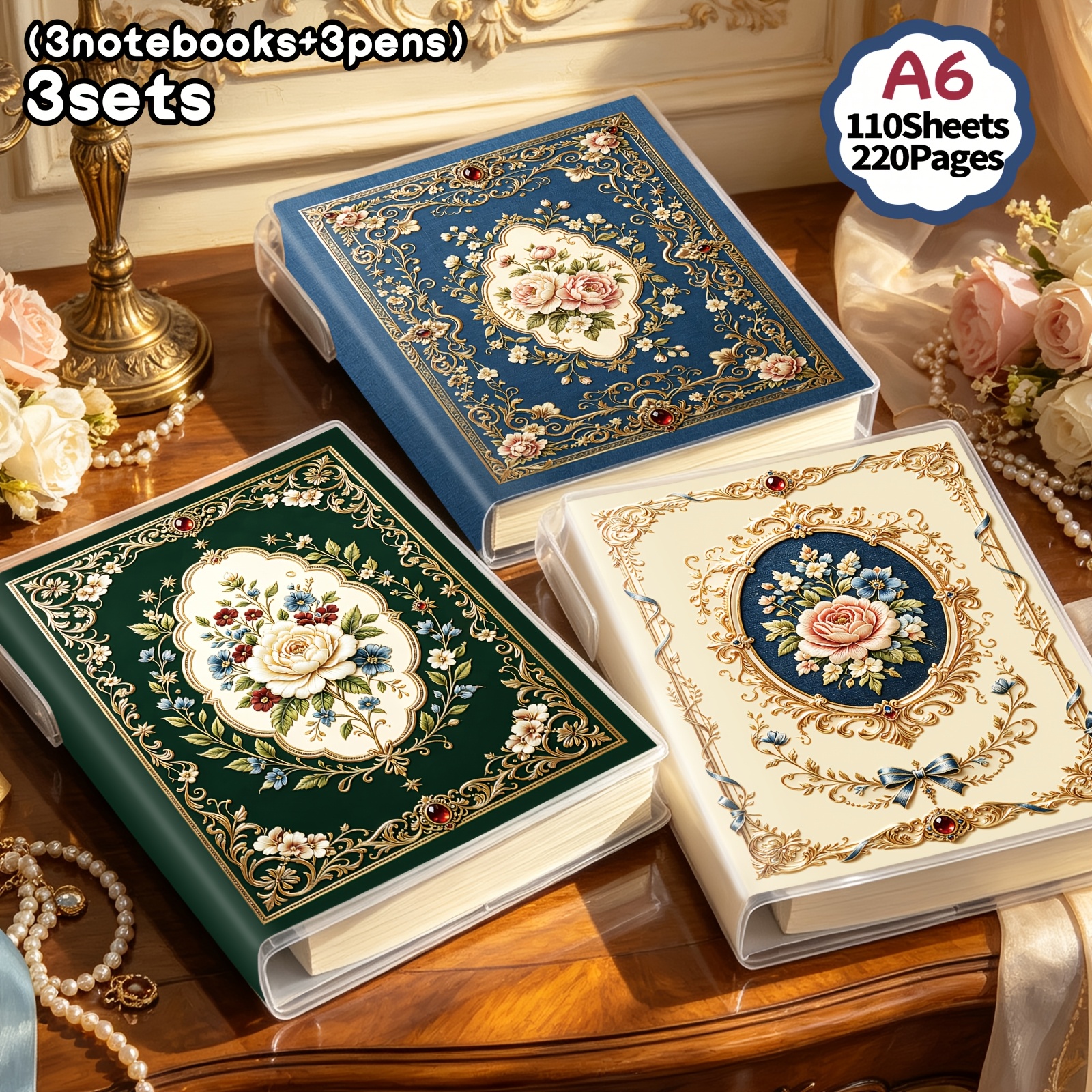 TEMU 1 Set/3 Sets, 220 Pages, Vintage Rococo Floral Notebook—includes Pen, Included, Portable Pocket Notebook, Lined Notebook, Eva Clear Plastic