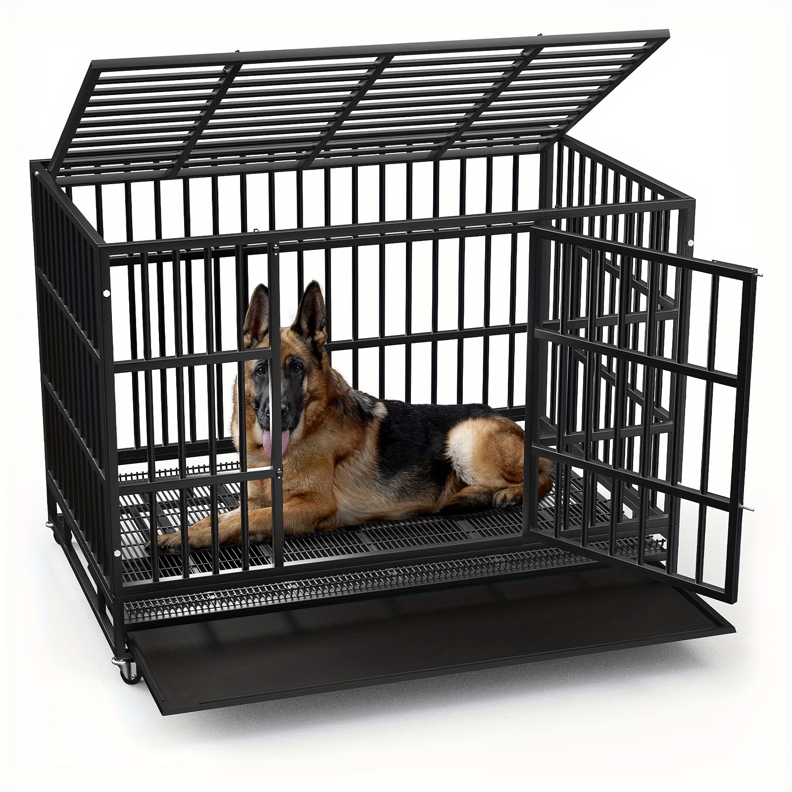 

Lemberi 48/38 Inch Heavy Duty Dog Crate, Escape Proof Dog Cage Kennel With Lockable Wheels, Double Door, Extra Large Crate Indoor For Large Dog With Removable Tray