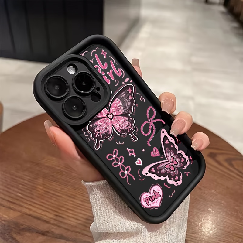 TEMU Sweet Cool Black Pink Butterfly Phone Case For Iphone15/15plus/15pro/15promax, 14/14plus/14pro/14promax, 13/13pro/13promax, 12/12pro/12promax,
