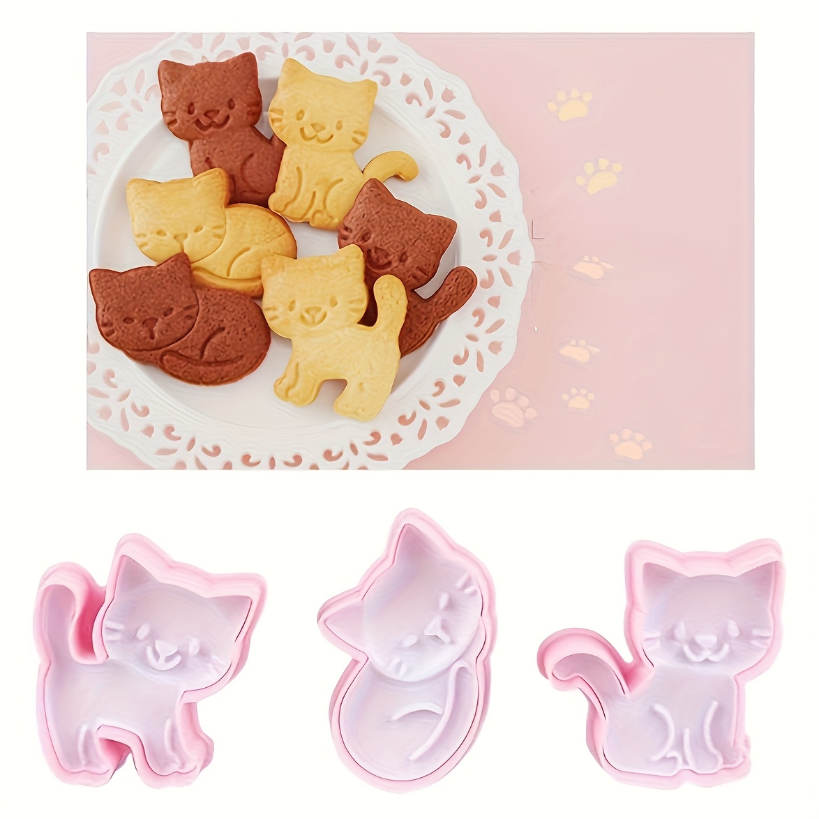 

3-piece Cat Shaped Animal Plunger Cookie Cutter Set , Food-grade Fondant Press Mold Kit - Ideal For Christmas, Halloween, Easter, Thanksgiving, Graduation