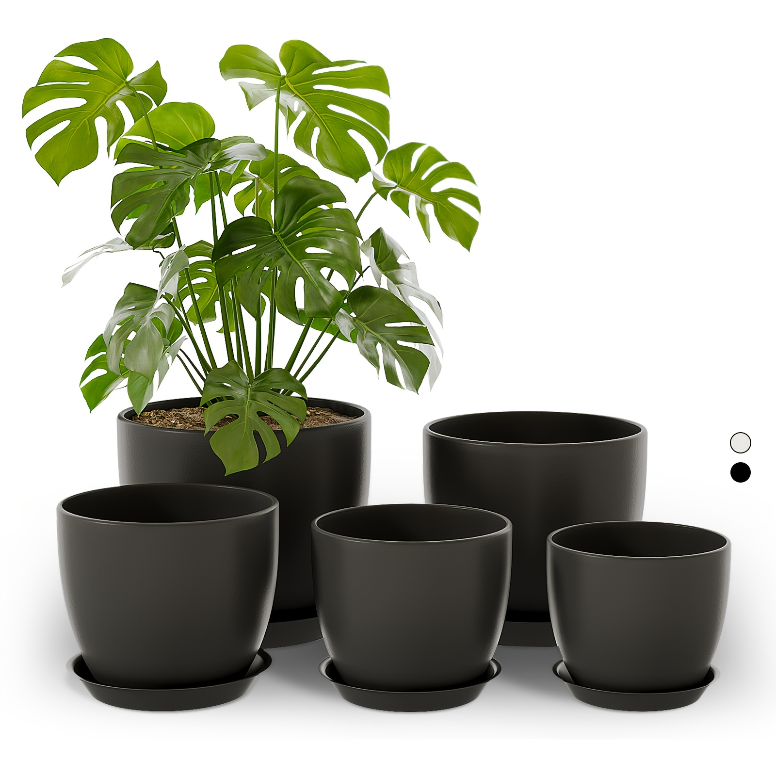 Image of Bamworld Multi Size Flower Pots For Indoor And Outdoor Use, 5-pack Plastic Plant Pots With Saucers And Drainage Holes, Gardening Containers, In Black Gardening Gift Home Decor