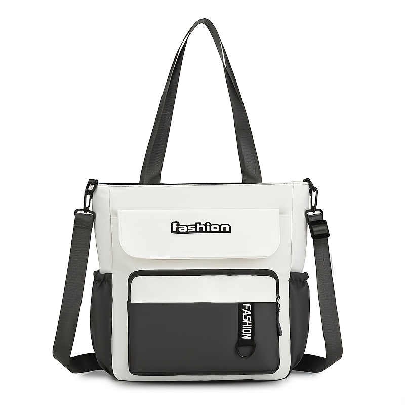 TEMU Women's Crossbody Bag, Large Capacity Color-block Tote Bag, Fashionable Multi-pocket Commuter Handbag, Lightweight Canvas Shoulder Bag, Office