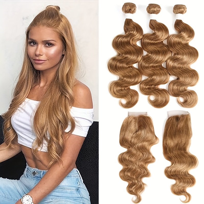 

Honey Blonde Bundles With Closure #27 Color Body Wave 3 Bundles With 4x4 Lace Closure Brazilian Remy Human Hair