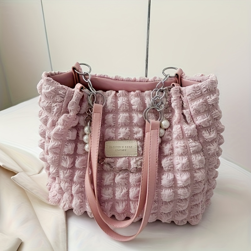 Image of 1pc Cloud Handbag, Large Capacity Nylon Women's Shoulder Bag, Soft Zip Closure Purse, Casual Outing Crossbody Tote, (white/pink/green/black), Urban Theme, Perfect For Commuting And
