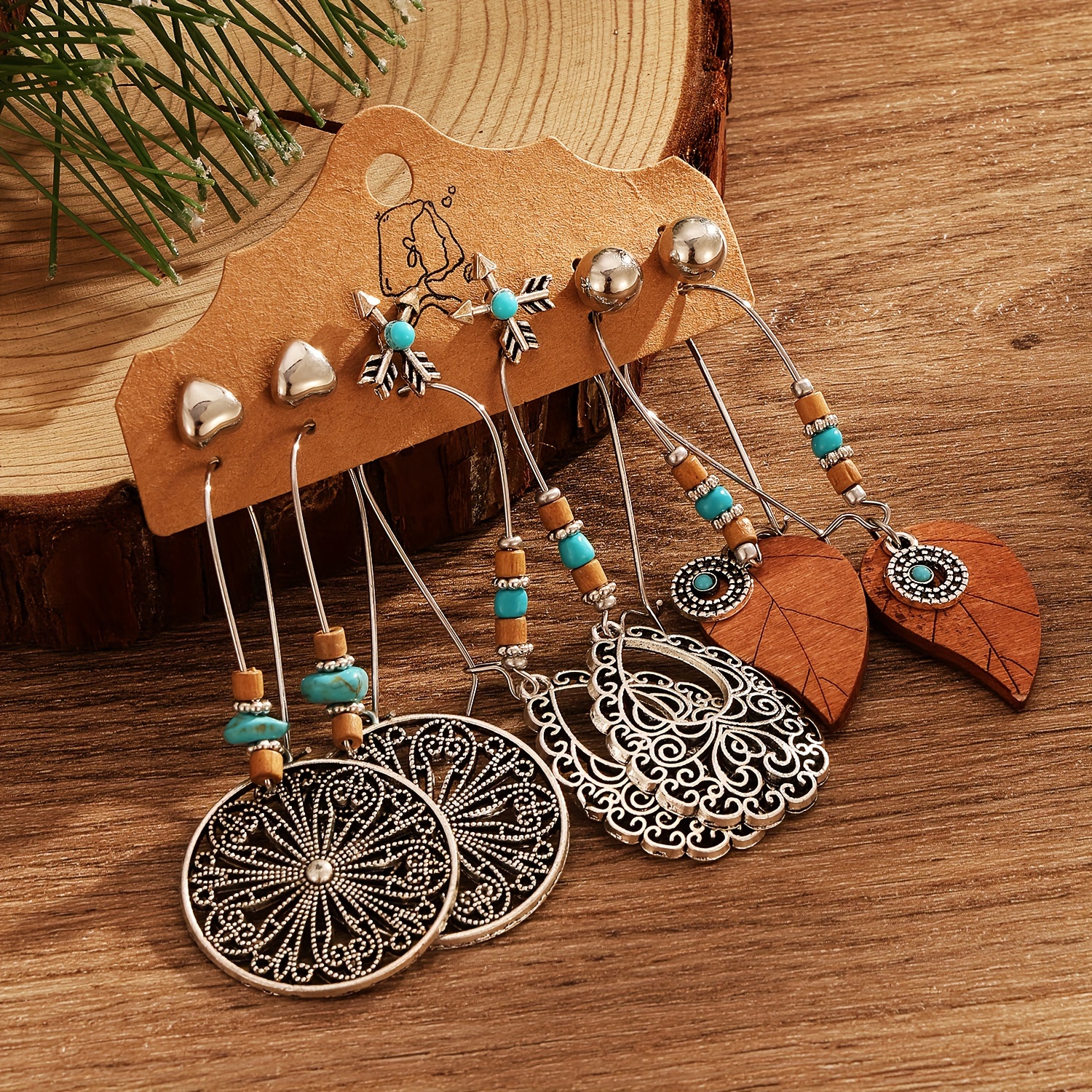 TEMU 6 de Aretes para Mujer Estilo Vintage y Bohemio - Aretes Colgantes Geométricos de Placa de Aleación con Plumas Redondas de Moda - Aportaciones