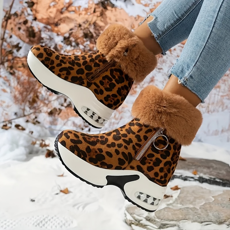 

Chic Leopard Print Women's Booties With Zip Closure - Comfortable & Warm, Mid-heel Design, Leopard Print Shoes