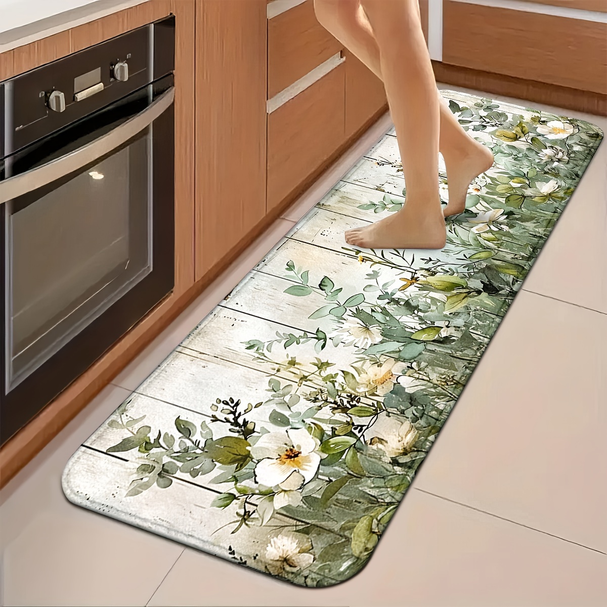 TEMU A 0.392-inch Green Floral Mat, A Non-slip And Durable Bathroom Mat, A Comfortable Standing Runner Mat, Suitable For Kitchens, Homes, Offices,