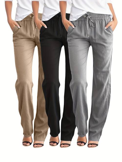 womens 3pcs drawstring waist casual pants with slant pockets lightweight polyester straight leg design for spring summer beige black light brown