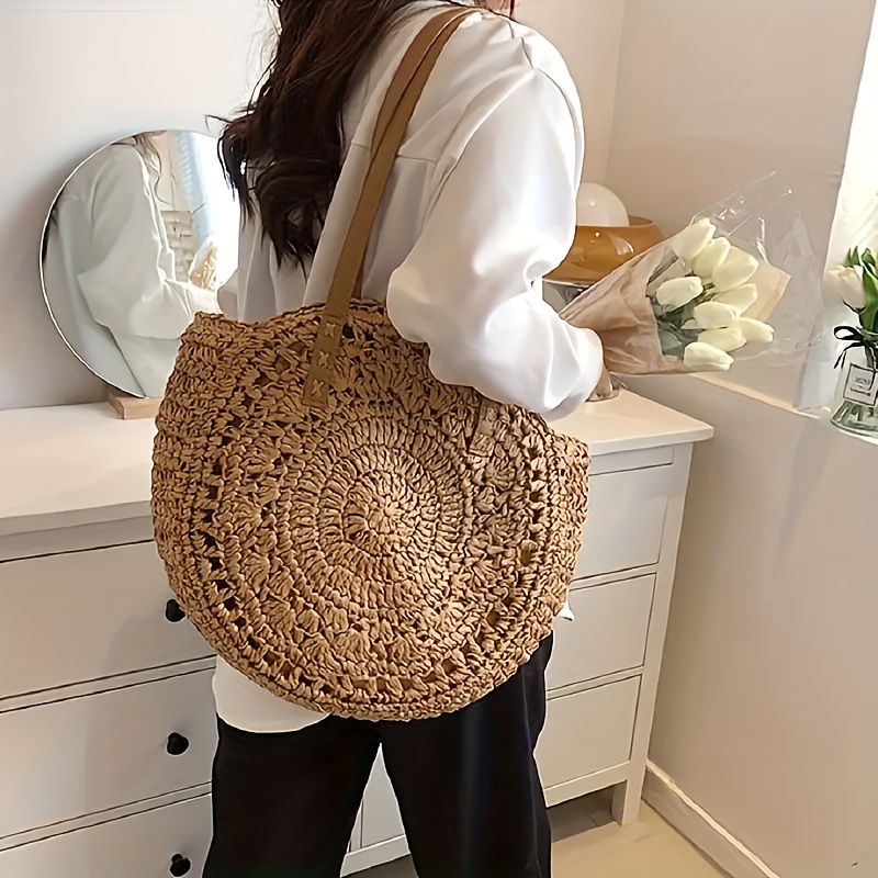 large capacity woven straw tote bag beige brown   beach vacations summer   and casual use beach tote bag elegant casual bag woven straw construction beach bag details 3
