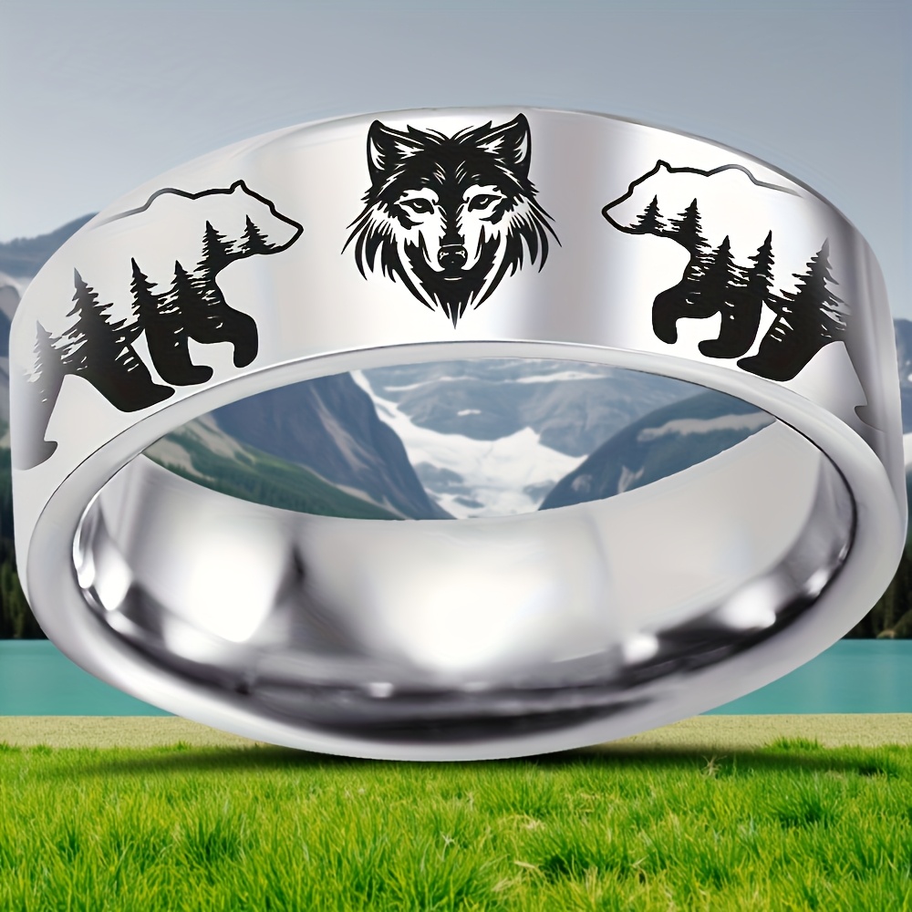 8mm Stainless Steel Bear and Wolf Engraved Wedding Band Ring
