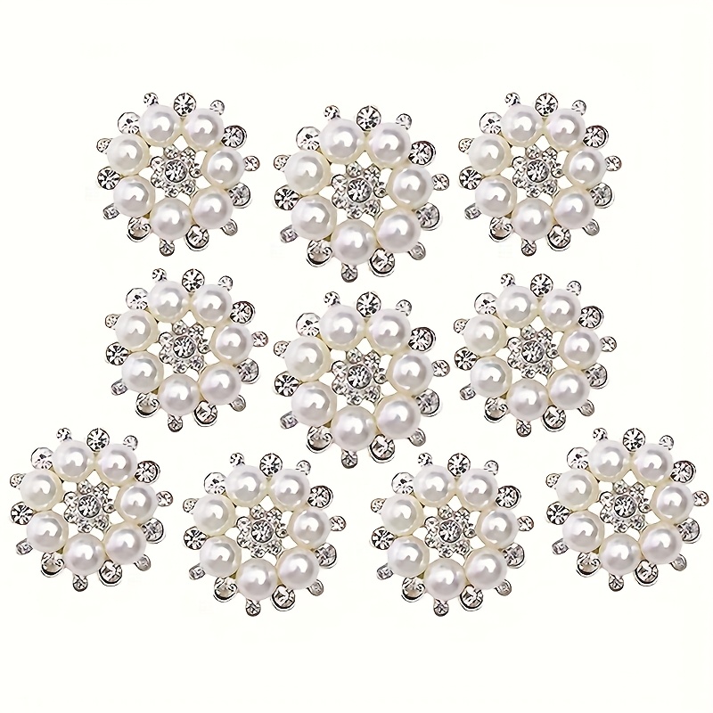 TEMU 10pcs Elegant Pearl & Rhinestone Flower Buttons - Embellishments For Sewing, Scrapbooking, And Diy Projects, Mixed Colors, Plastic Material,