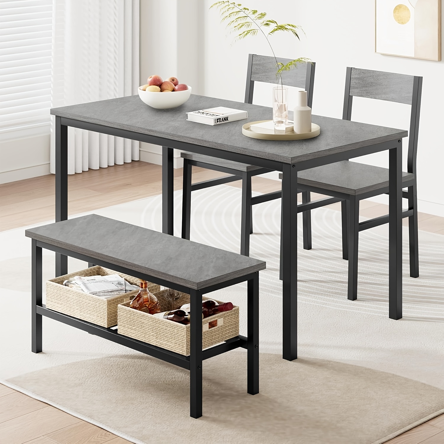 Dining Table Set For 4, Modern Kitchen Table With Chairs And Bench For Small Space, 4-person Dining Room Table Set With Metal Frame And Storage Rack, Dinette Set For Apartment