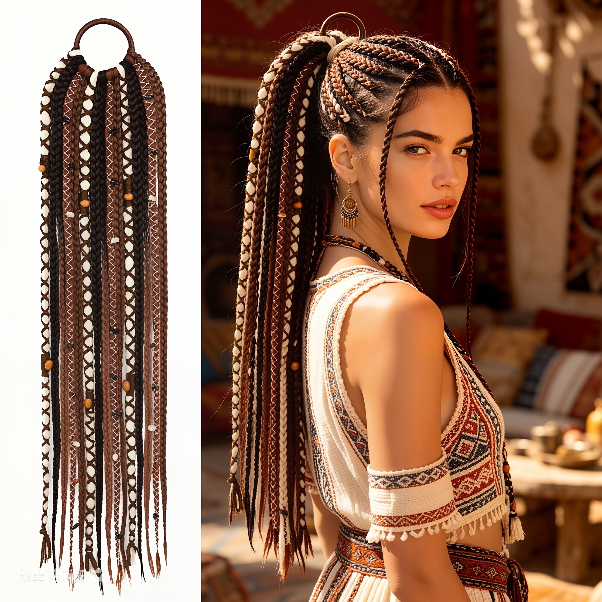 TEMU Boheemse gevlochten paardenstaart haarextensies met kralen in gemengde kleuren en zwart, handgemaakte synthetische box braids in hippiestijl met