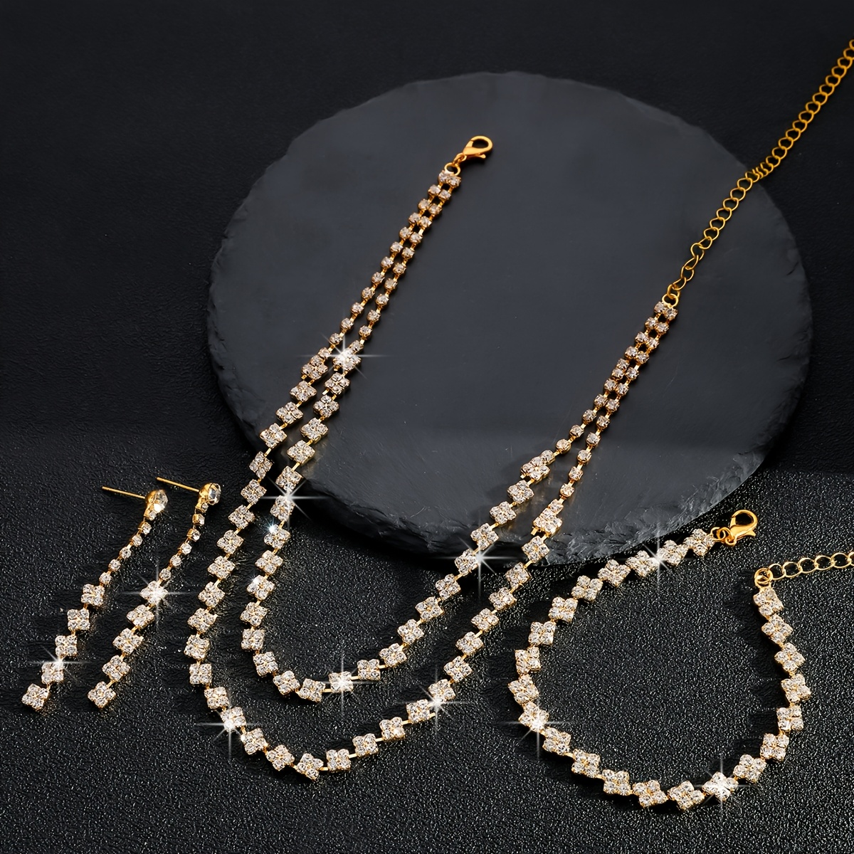 Sparkling Rhinestone Double Layer Necklace and Earrings Set for Bride