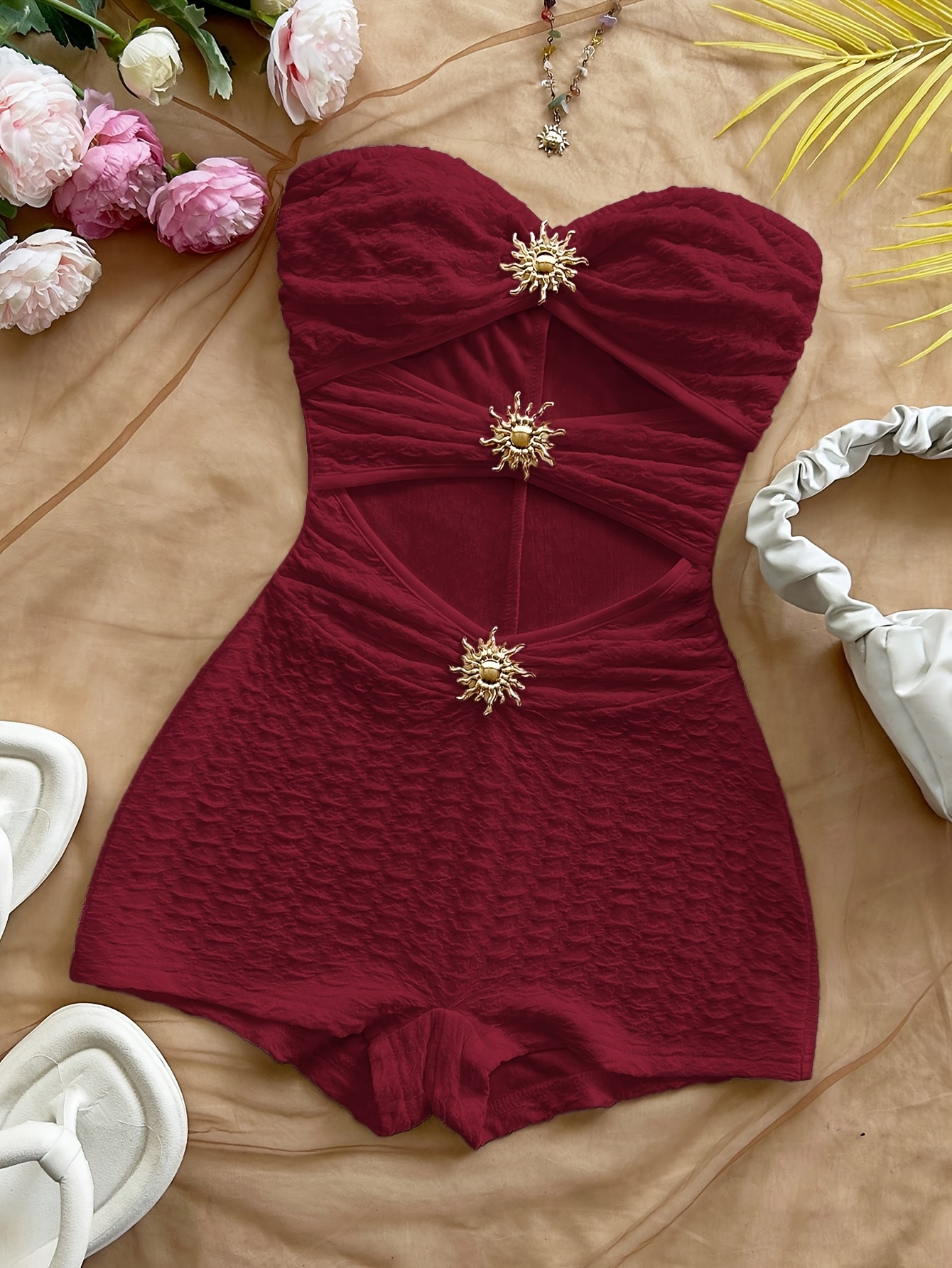 Womens Vacation Textured Metal Decor Jumpsuit Suitable