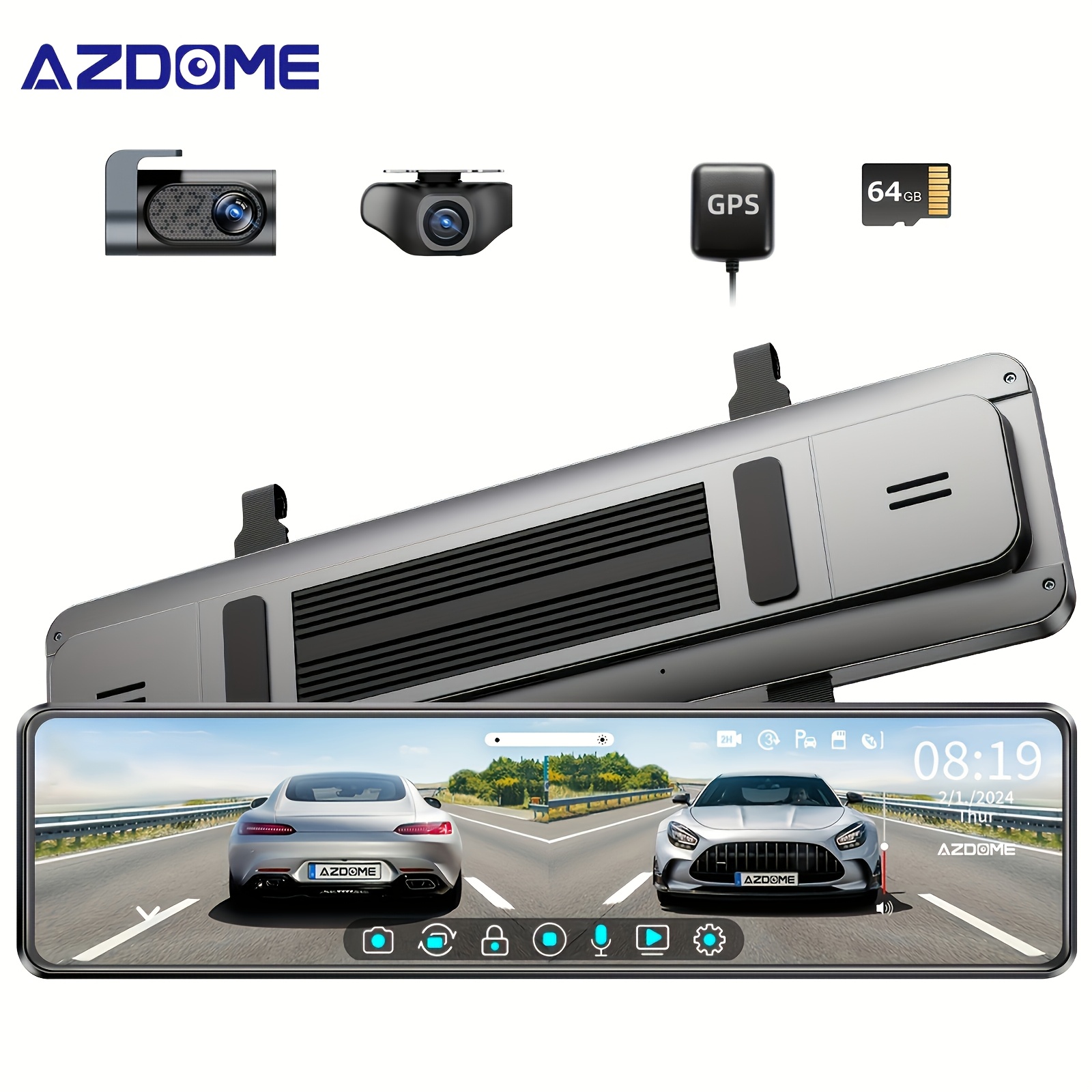 

Azdome 12" 4k , 4k With Touch Screen, Front And Rear, Rearview Mirror Camera, Split-screen Display Rear View Mirror Camera, Dual Dash Camera For Cars, Night Vision, Parking Monitor, 64gb Card & Gps