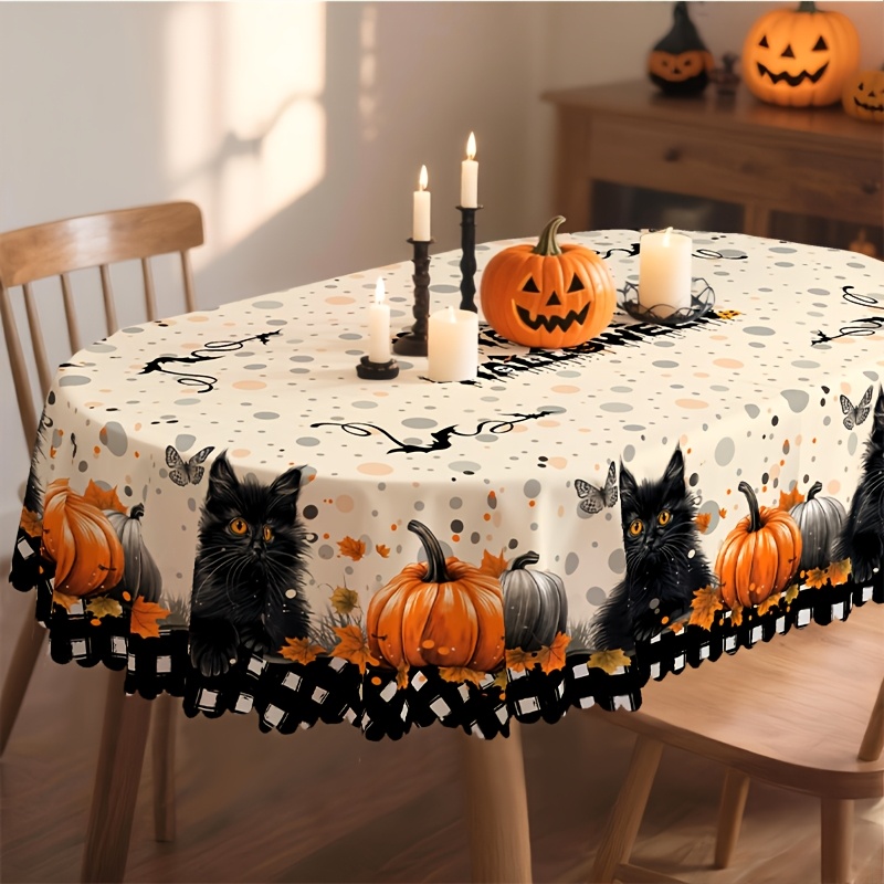 Image of Halloween Black Cat Pumpkin Tablecloth Autumn Maple Leaf Polka Dot Black And White Lace Fabric Tablecloth Festival Party Dining Table Decoration