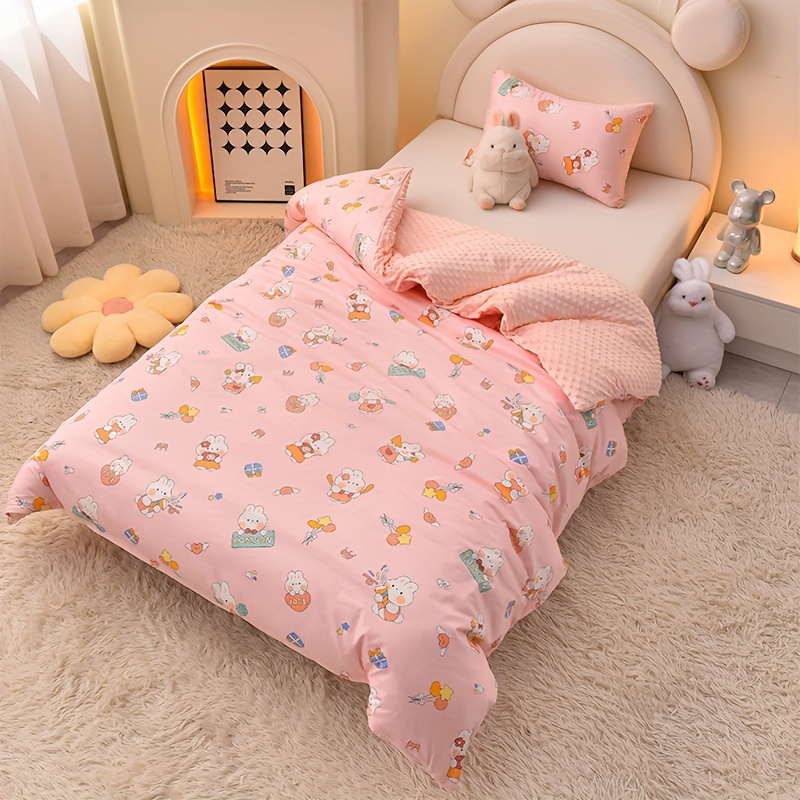1pc All-Cotton Bedspread with -like Filling Cute Bunny Chick Animal  Print Hypoallergenic Winter Warm Bedding, Twin-Sided Pink/Yellow Bed Cover 