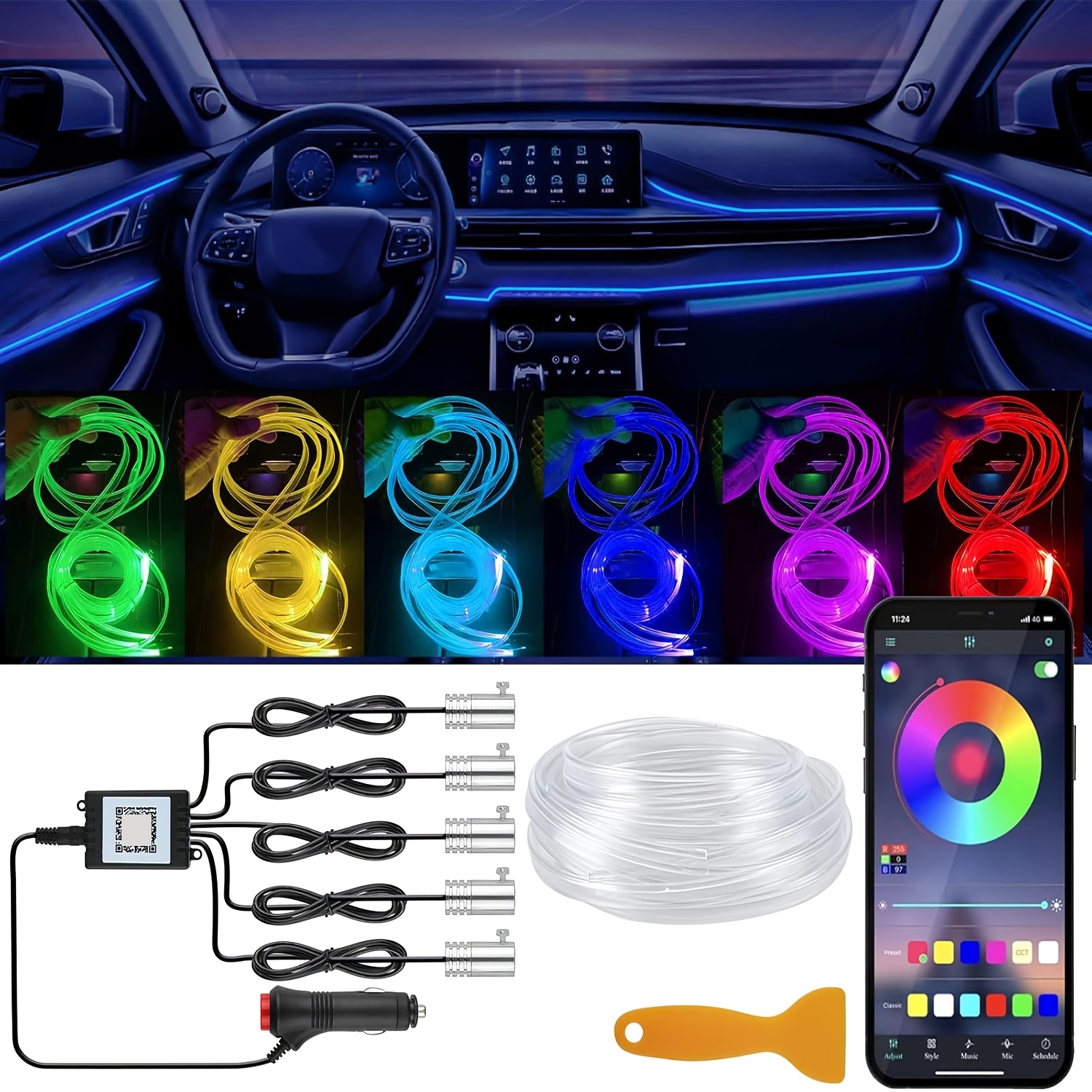 foto e artikullit   led neon për brendësinë e makinës për ndriçim ambient të brendshëm, set ndriçimi ambient led rgb për makinë me 16   opsione ngjyrash, të kontrollueshme përmes një aplikacioni pa tela dhe telekomande