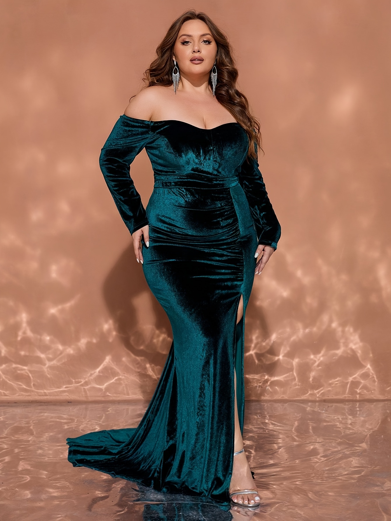 plus size velvet bridesmaid dress Modest Halter Lace Top A-Line Dark Blue Bridesmaid Dresses Long with Side  Slit main image 1