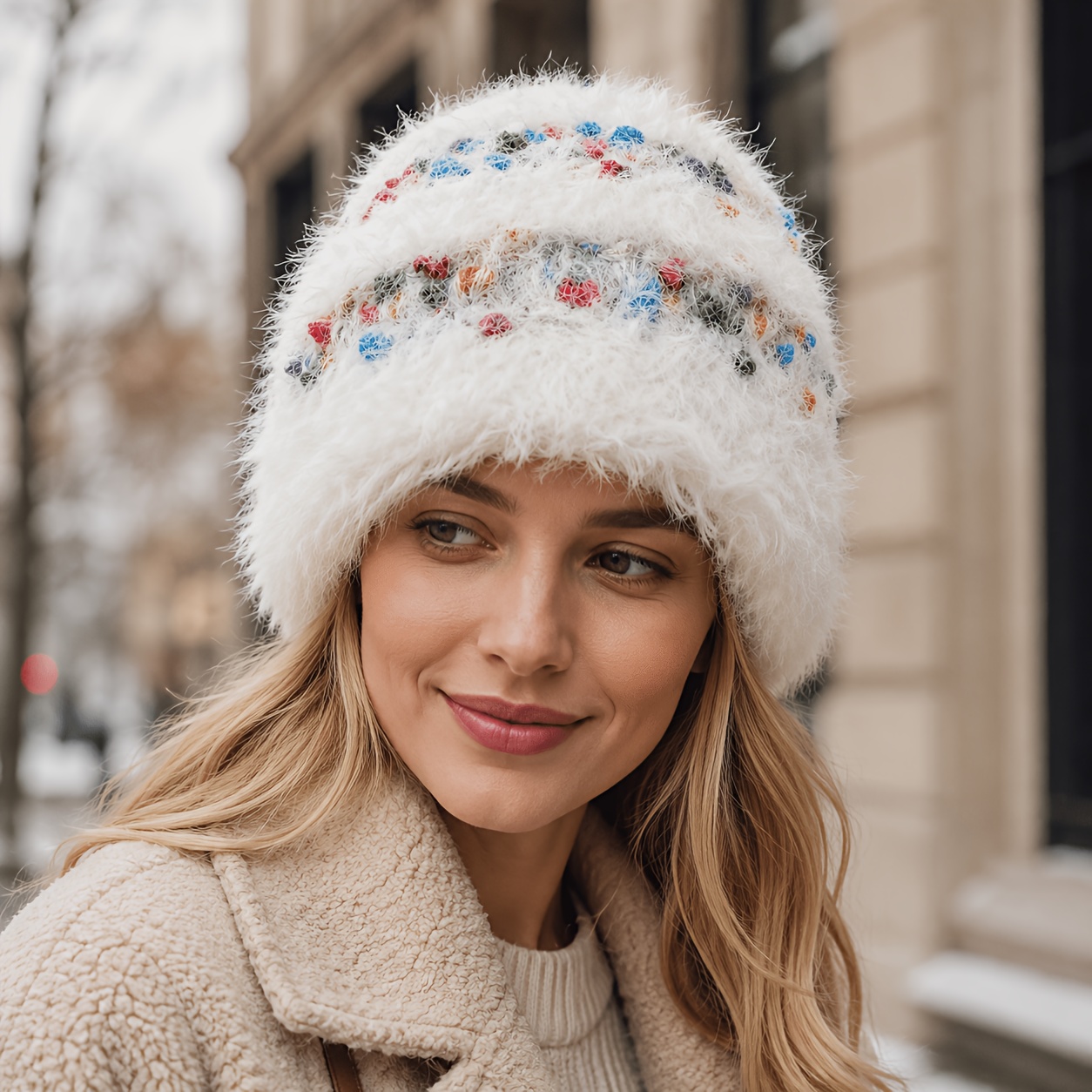 TEMU Zosivc Fluffy Beanie Hat - Soft Warm Winter With Multicolor Dot Texture & Elastic Suitable For Cold Weather, Lightweight Machine Washable