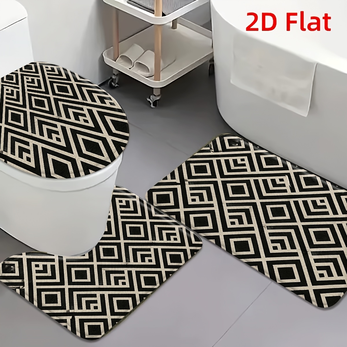 2d flat 3pcs geometric diamond pattern flannel non slip toilet mat set minimalist   decor for bathroom entrance living room bedside