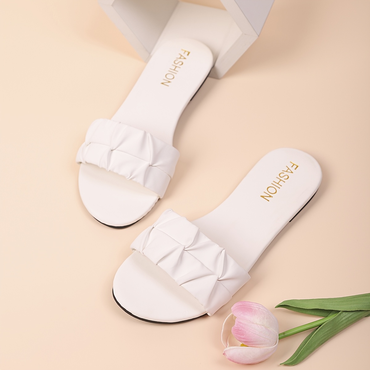 TEMU 1 Pair Of Plus-size White Roman-style Sandals With Pleated Bow Decoration, Made Of Soft Pu Material, Featuring A Round Toe Design And Flat,