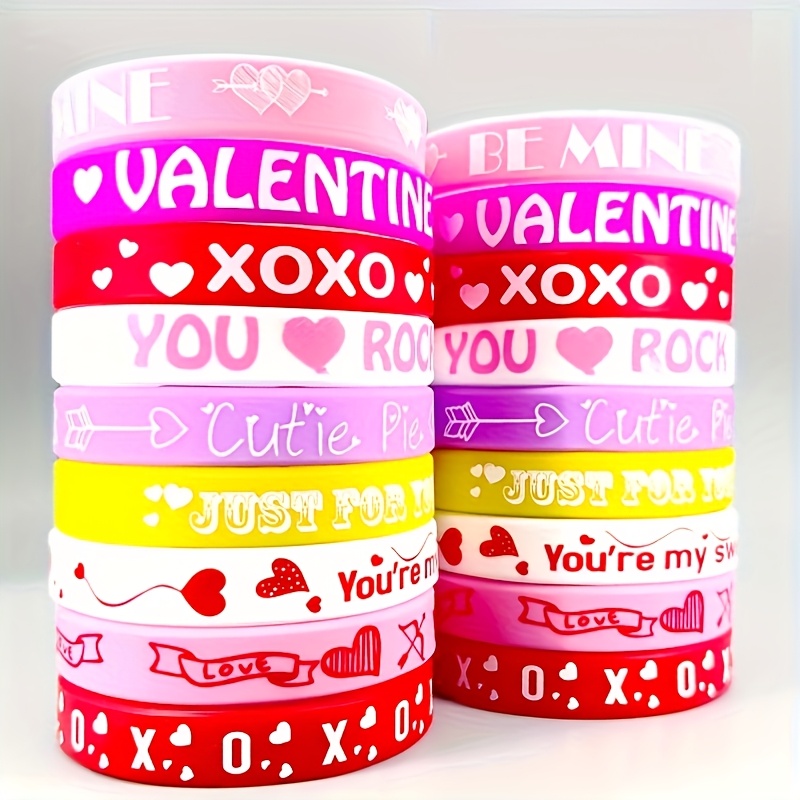 

24pcs Valentine's Day Silicone Bracelets - Love-themed Wristbands In Pink, White, And Red For Party Decorations And Gifts, 8 Styles, Touch Bracelets For Couples