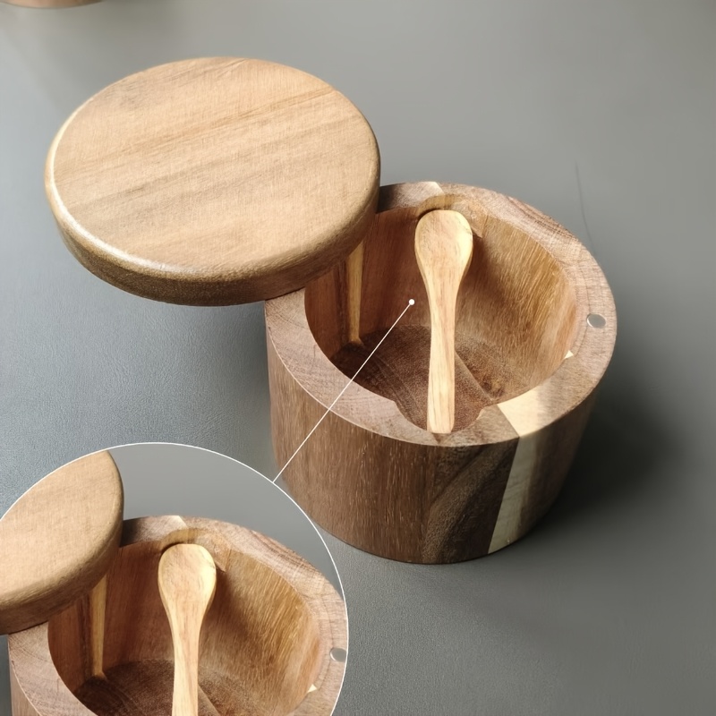Image of 1pc Large Salt & Spice Container With Built-in Spoon - One-handed Operation, Rustic Elegant Pantry Organizer For Salt, Pepper, Herbs, Pantry Storage, Rustic Elegant Kitchen
