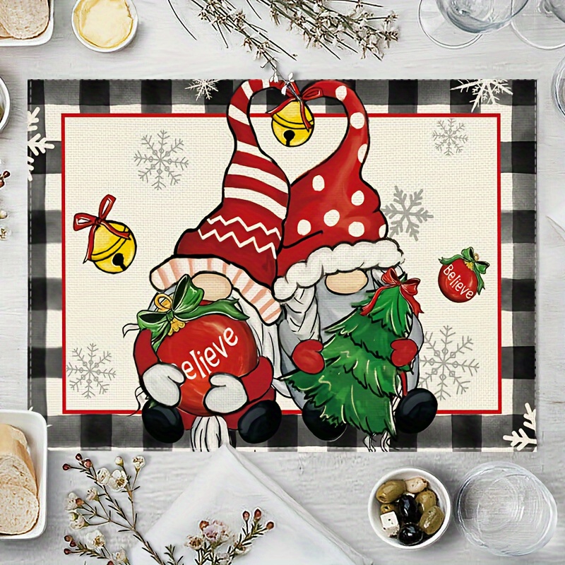 

4-pack Linen Christmas Placemats, 12x18 Inches, Santa And Design, Hand Washable Rectangular Table Mats For Holiday Dining Decor, Kitchen & Party Catering Use