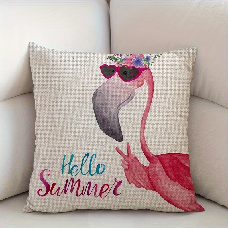 

1pc "hello Summer" Flamingo Decorative Throw Pillow Cover, Watercolor Flamingo With Sunglasses & Floral Wreath Cushion Case, 18x18 Inch Linen Home Decor For Couch & Sofa, Cottage Style