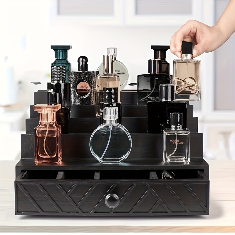   5-tier solid wood cologne storage rack with hidden drawers & soft velvet-lined interior -   vanity organizer with decorative patterns,   display stand for perfume, skincare, jewelry & accessories - space-saving bathroom & bedroom storage, contemporary dresser organizer,  , jewelry boxe, jewelry organizer storage, jewelry box for women Product details 3