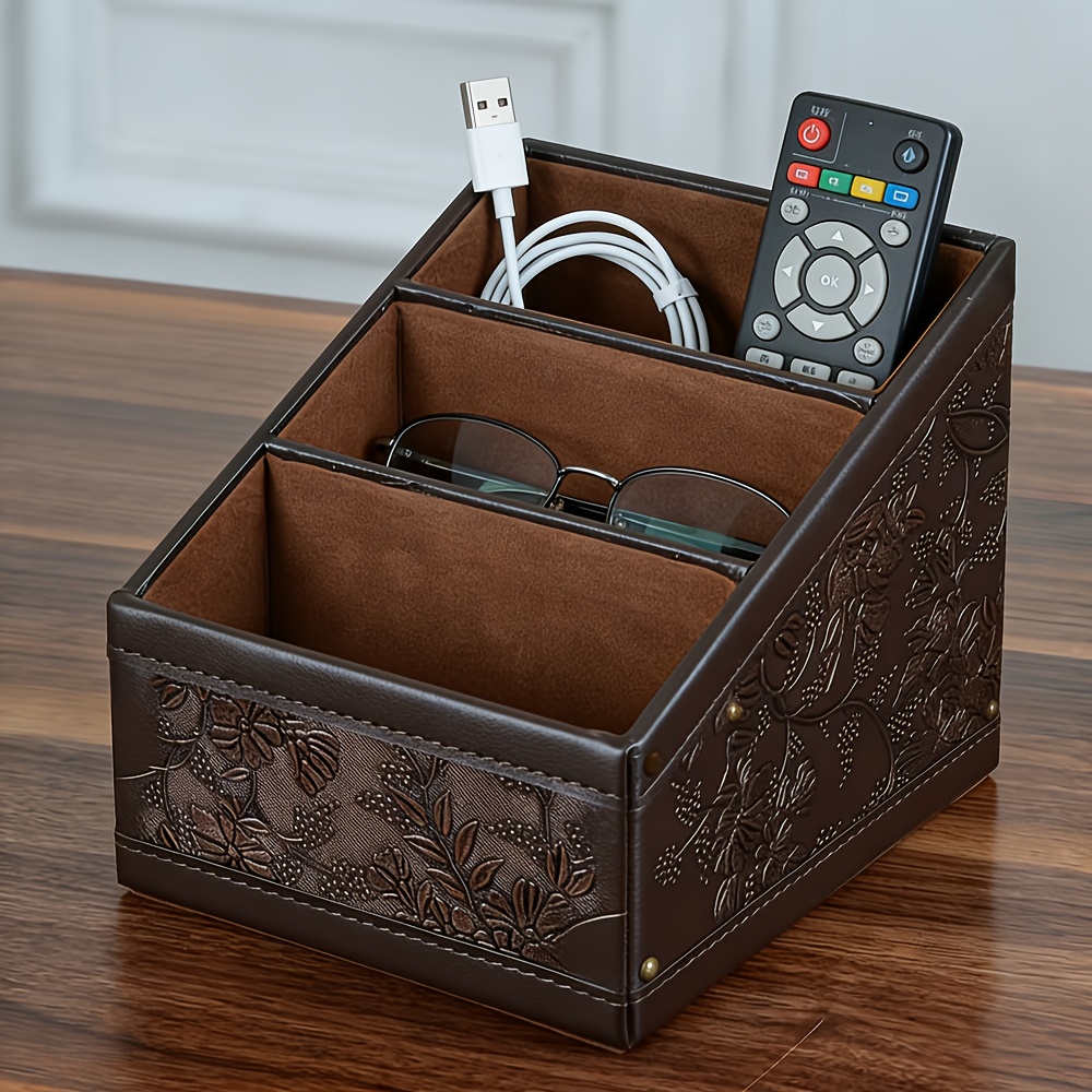 TEMU 1 Faux Leather Desk Organizer, -tier Storage Box Featuring A Vintage Floral Pattern, To Hold Stationery, Cell Phones, Business Cards, Remote