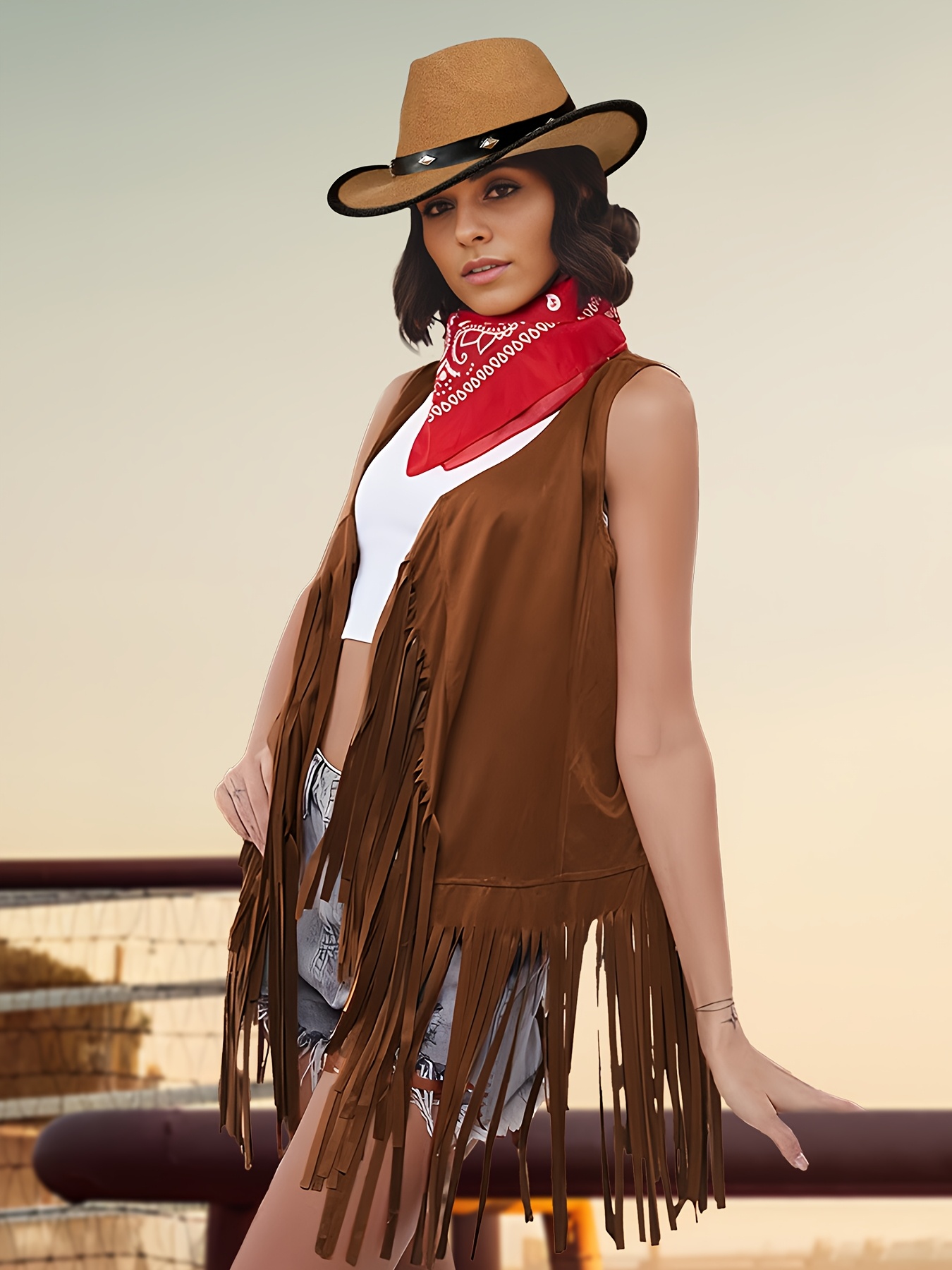 Women Hippie Costume 60s 70s Fringe Vest Tassel Vest for Carnival Halloween Cosplay Party, Western Cowgirl Costume for Women Cowboy, Halloween Carnival Party Cosplay Costumes