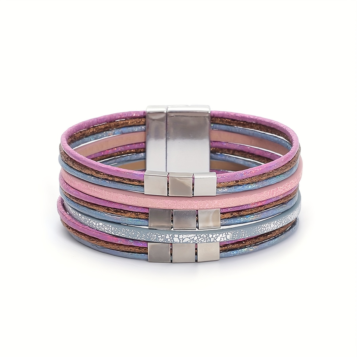 1pc boho chic faux leather cord braided bracelet shiny faux leather combination of golden silvery and colored bracelet for women nightclub style magnet   bracelet