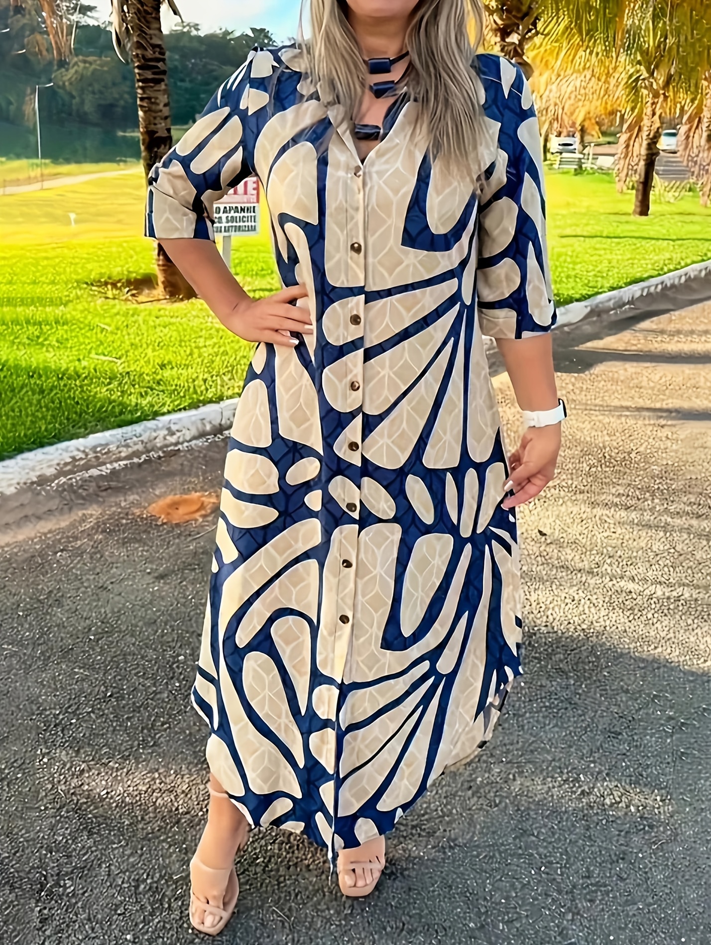 1pc elegant geometric print tunic dress for women polyester 100   long dress with lapel collar three quarter sleeves and button details woven casual commuter style Product details 4