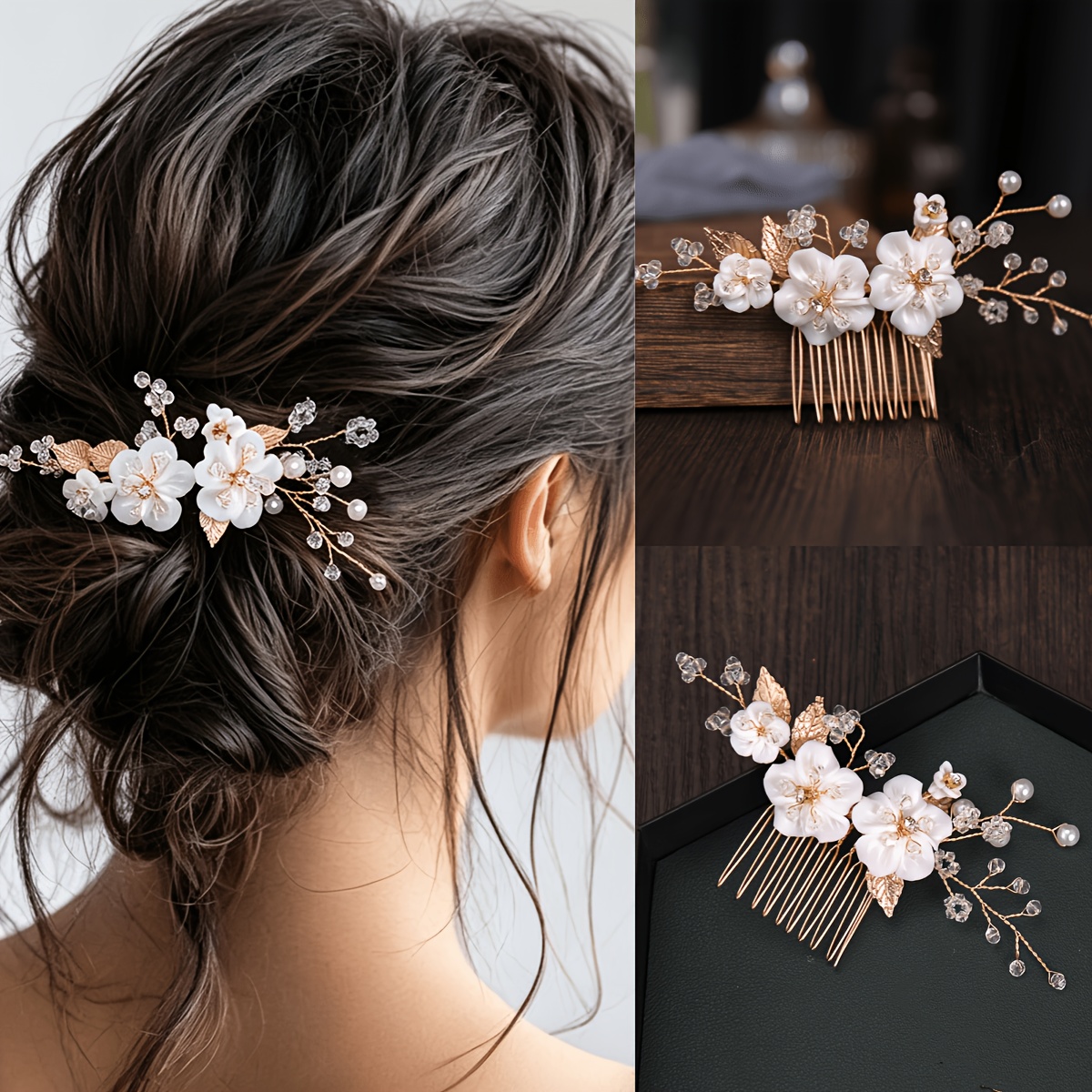 TEMU 1 pièce Peigne à cheveux tissé à , Peigne d'insertion pour de mariée, Peigne latéral à fleurs et feuilles, Coiffe de mariée