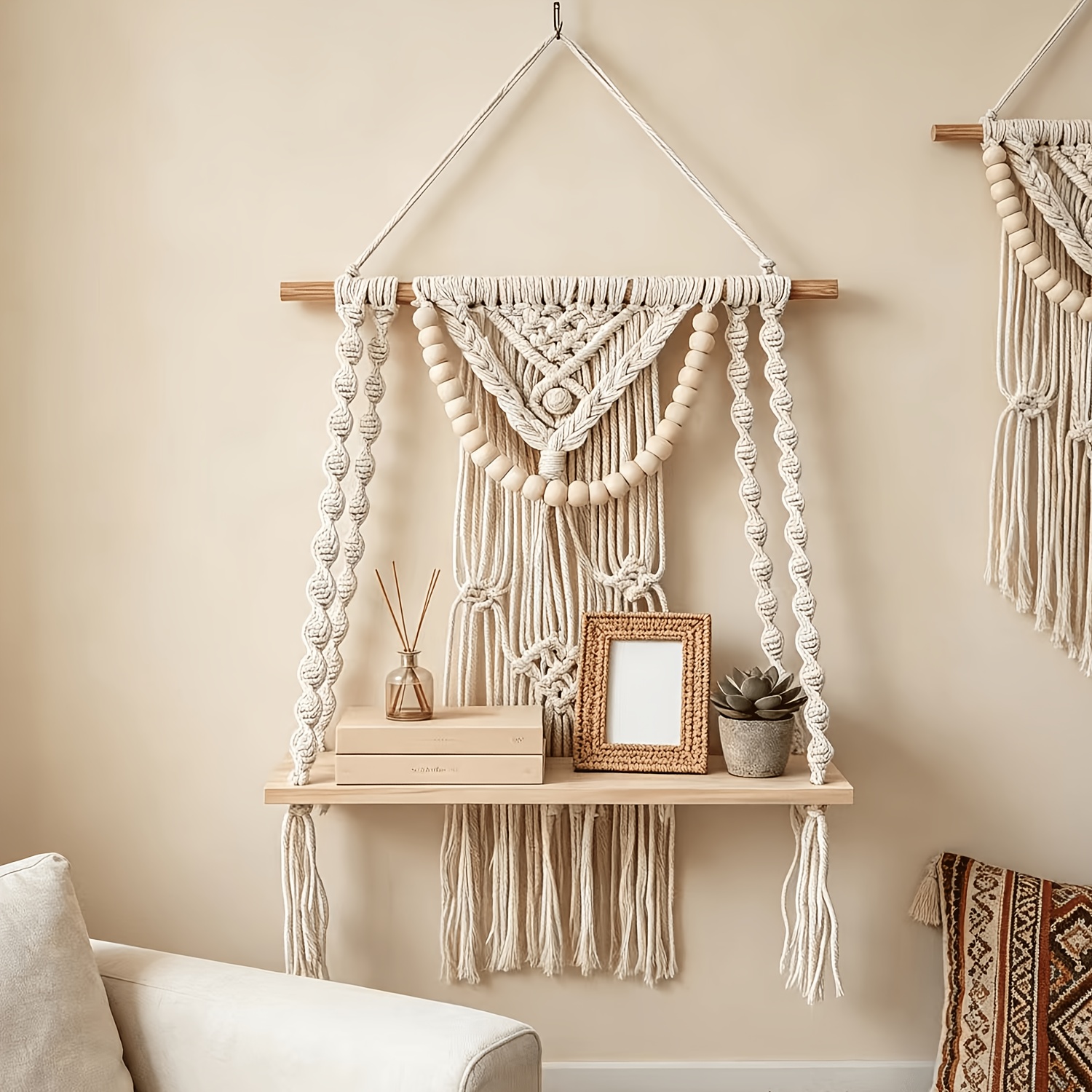 TEMU 1pc, Bohemian Style Wall Hanging Shelf, Tassel Woven Wall Decoration, Wooden Floating Display Rack With Wooden Beam, Storage Shelf Suitable For