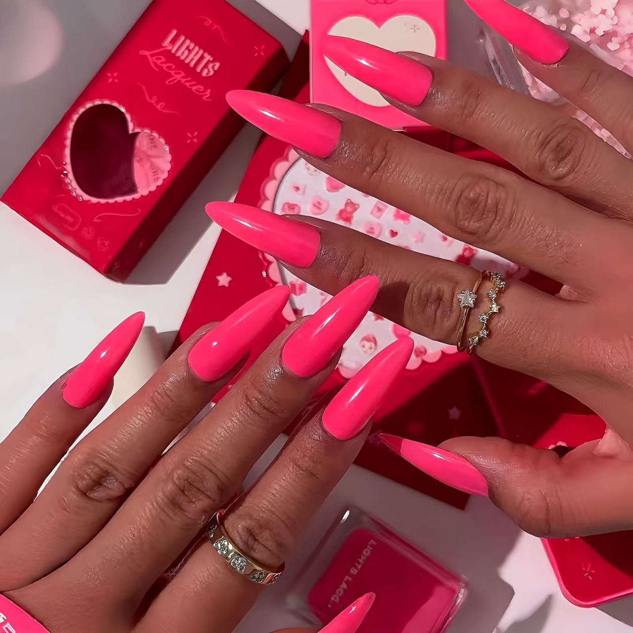 Image of 24pcs Neon Pink Almond Shape Press-on Nails, Cyber Y2k Style, Medium Length Solid Color Glossy Surface Fake Nails With Adhesive Patches, Long-lasting Press-on Nails, For Finger Decoration