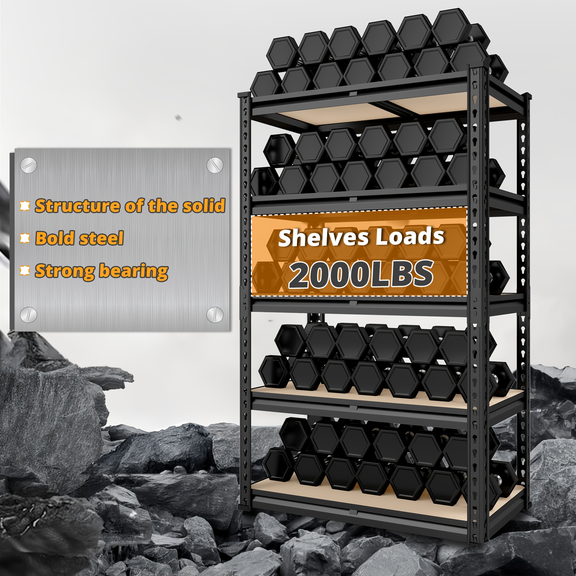 Heavy Duty 5 Tier Metal Shelving Unit, 2000LBS Storage Shelves, Adjustable Garage Shelving for Basement Warehouse Pantry, 72.5