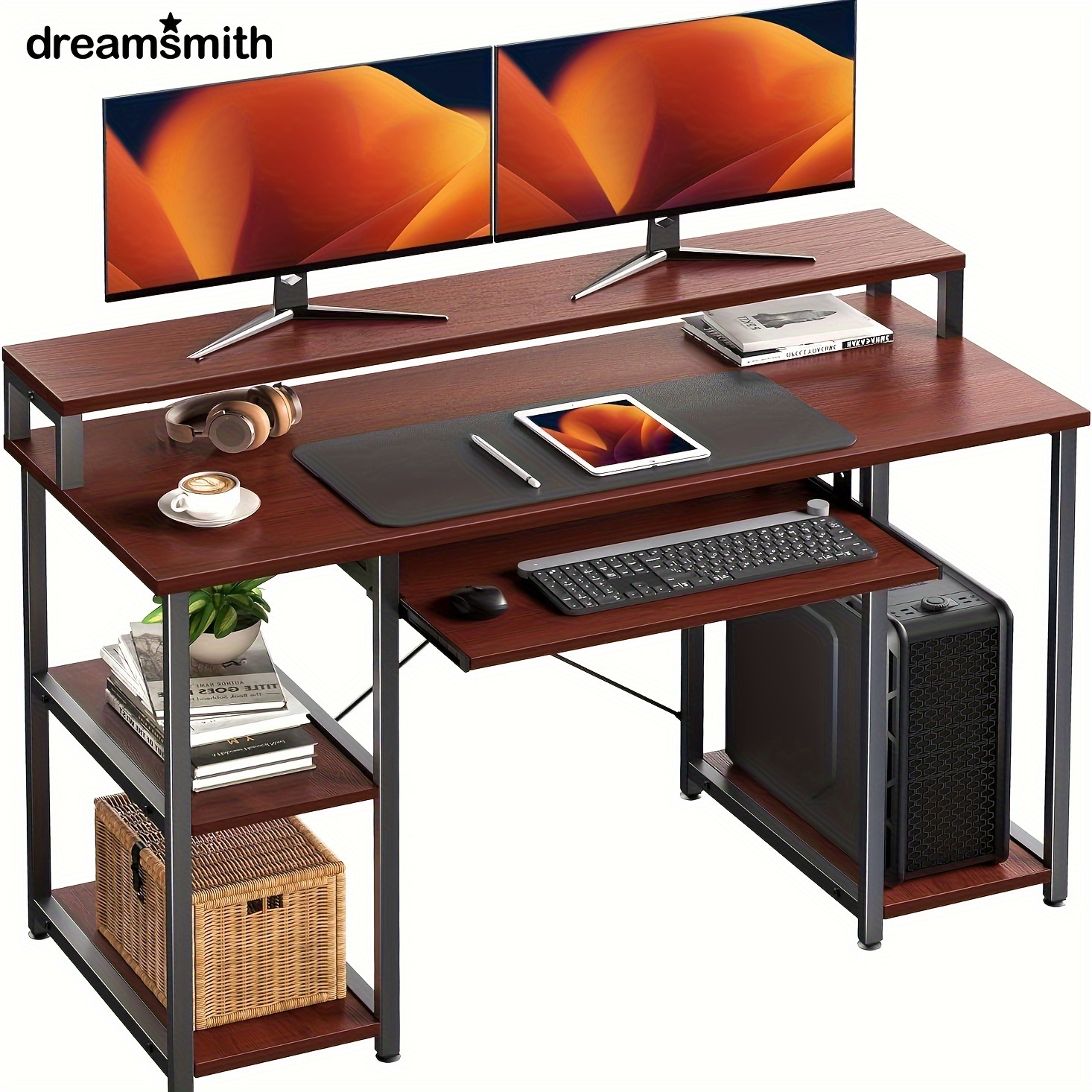 

47 Inch Computer Desk With Storage Shelf, Home Office Desk With Monitor Stand And Keyboard Tray