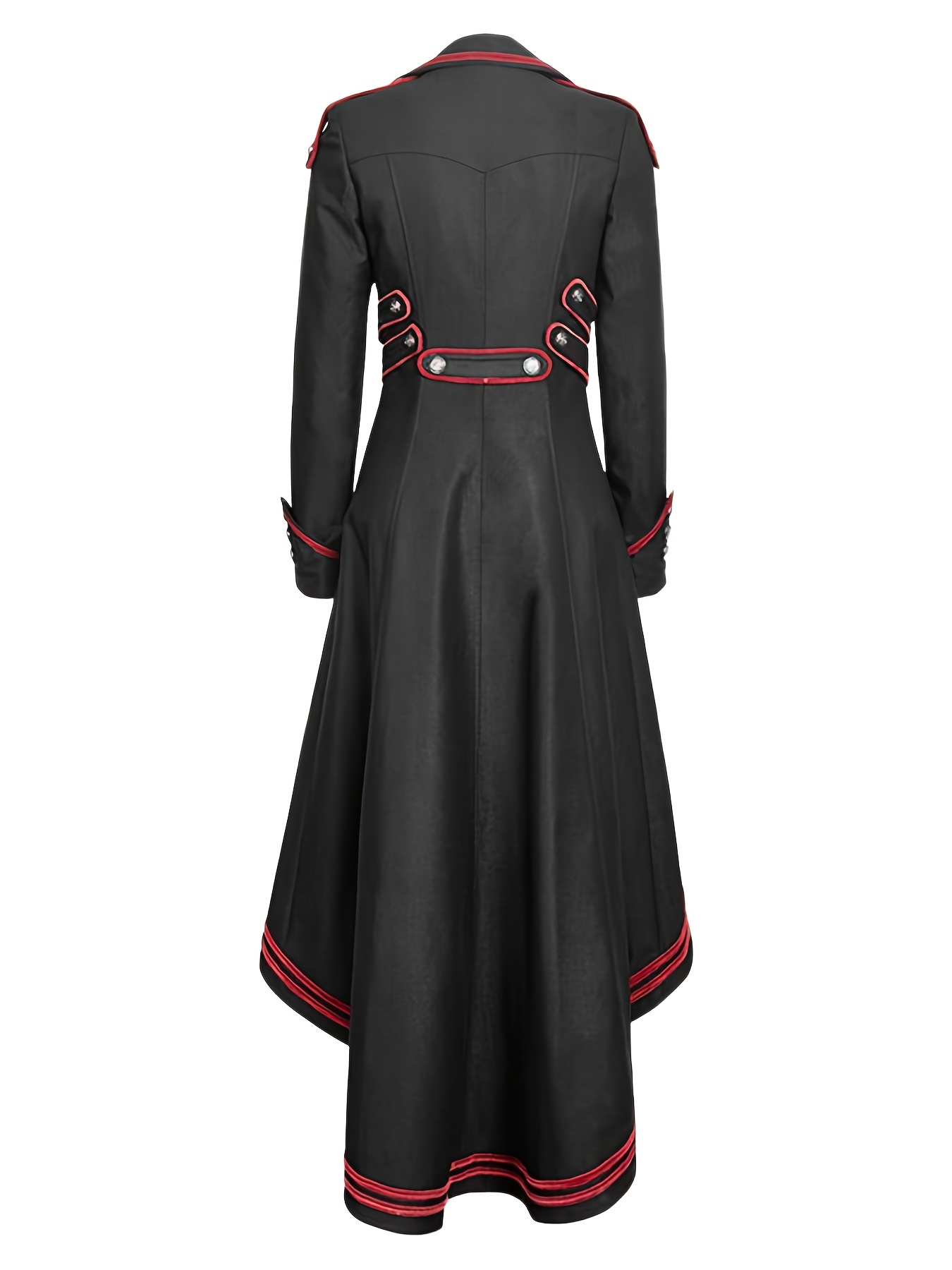 Black Steampunk Retro Women's Tailcoat with Red Trim - Button-Up Gothic Coat with Flared Sleeves, High-Low Hemline & Belted Waist - Perfect for Halloween, Cosplay & Casual Wear, Structured Fabric Design, Goth Accessories