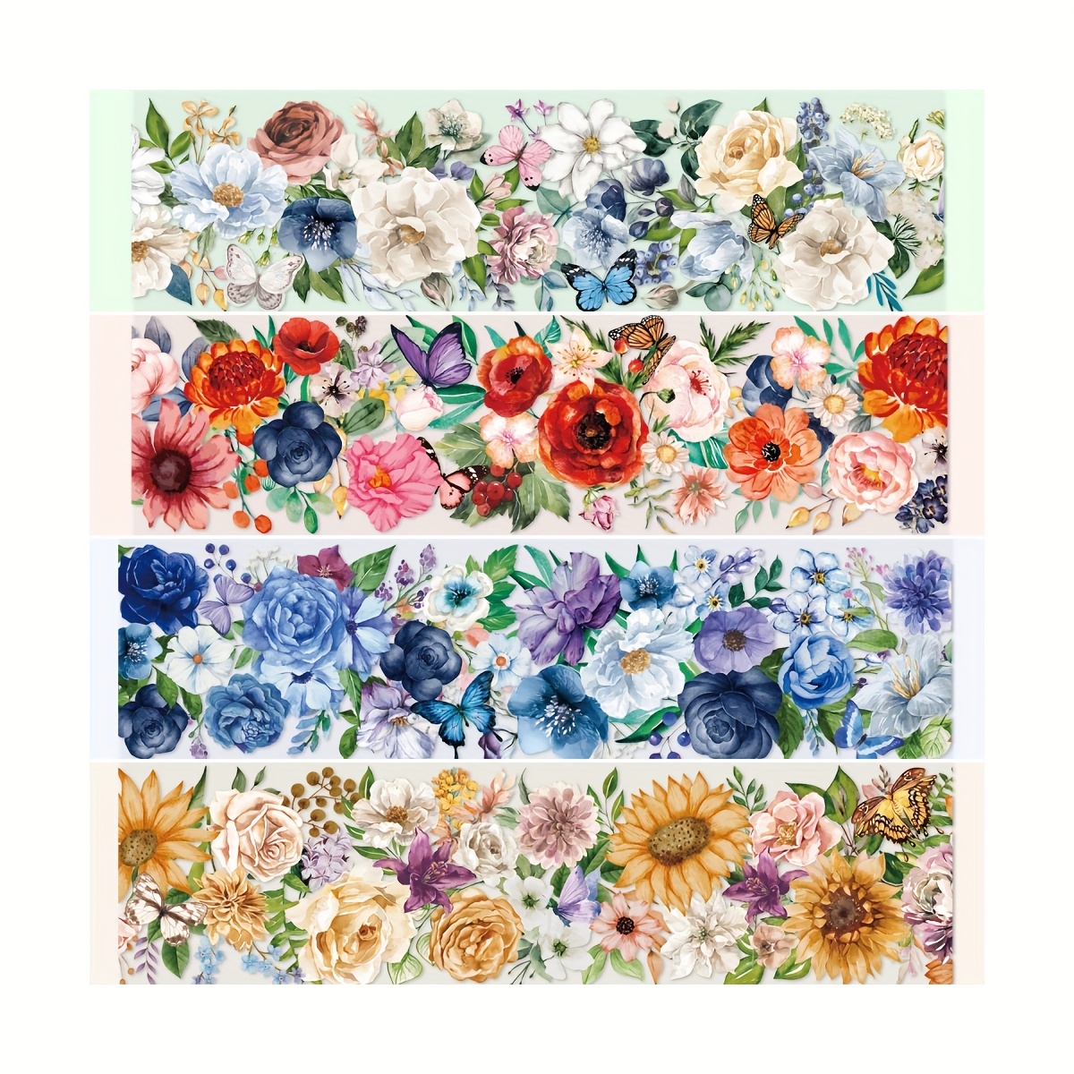 Image of Set Of 4 Rolls Of Vibrant Floral Decorative Tape, Suitable For Planners, Journals, And Gift Wrapping - Diary Stickers, Mirror Decorations, Tile Embellishments
