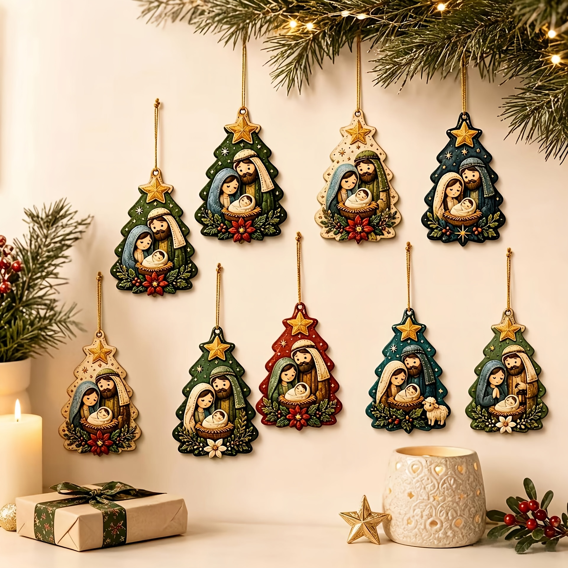 TEMU 12pcs Set Of Wooden Christmas Themed Hanging Ornaments, Tree-shaped Design With Warm Christmas Tree And Nativity Scene, Suitable For Christmas